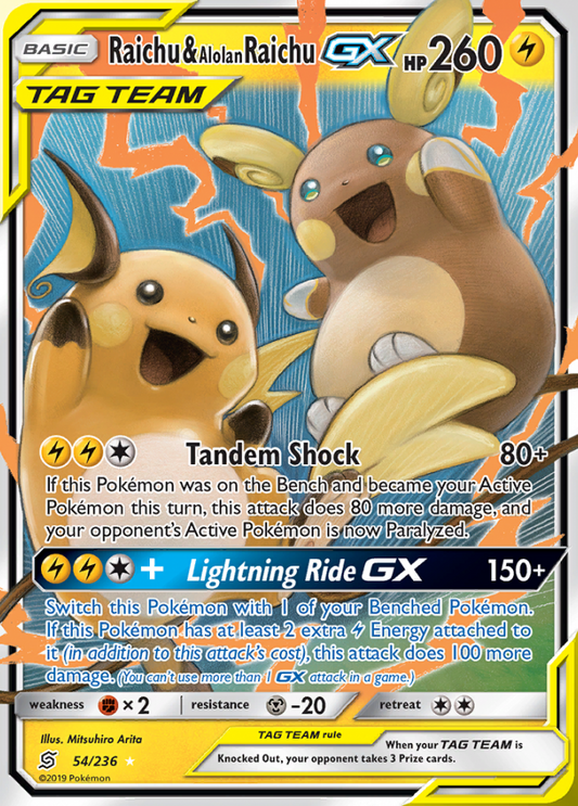 Unified Minds - 054/236 - Raichu & Alolan Raichu GX (Tag Team)